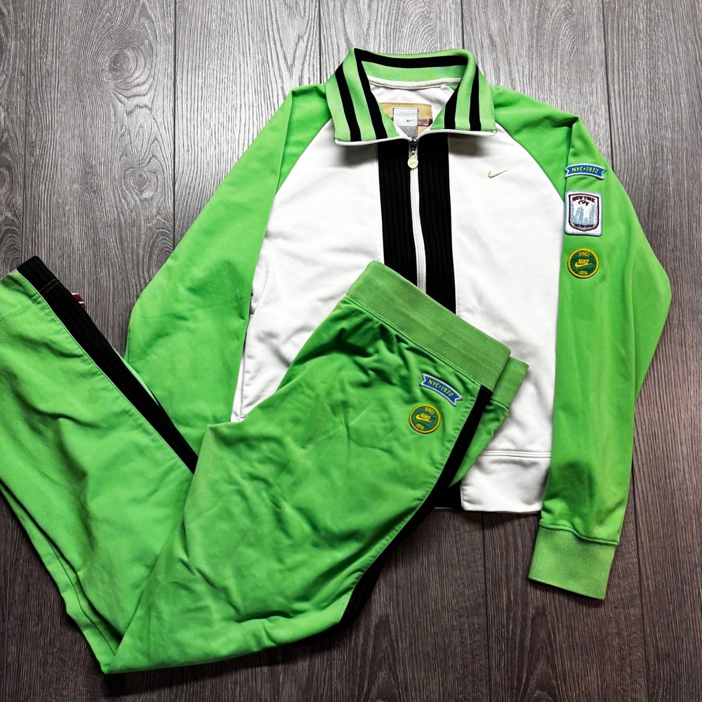 Vintage Nike NYC 1972 Tracksuit Lime Green White Y2K Track Jacket Pants Set L
